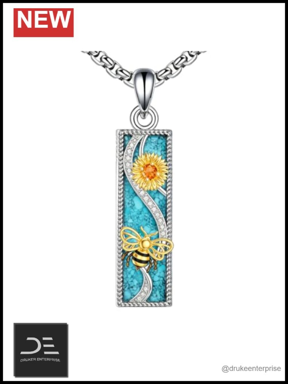925 Sterling Silver Bee Pendant Necklace Stainless Steel Chain Turquoise Opal
